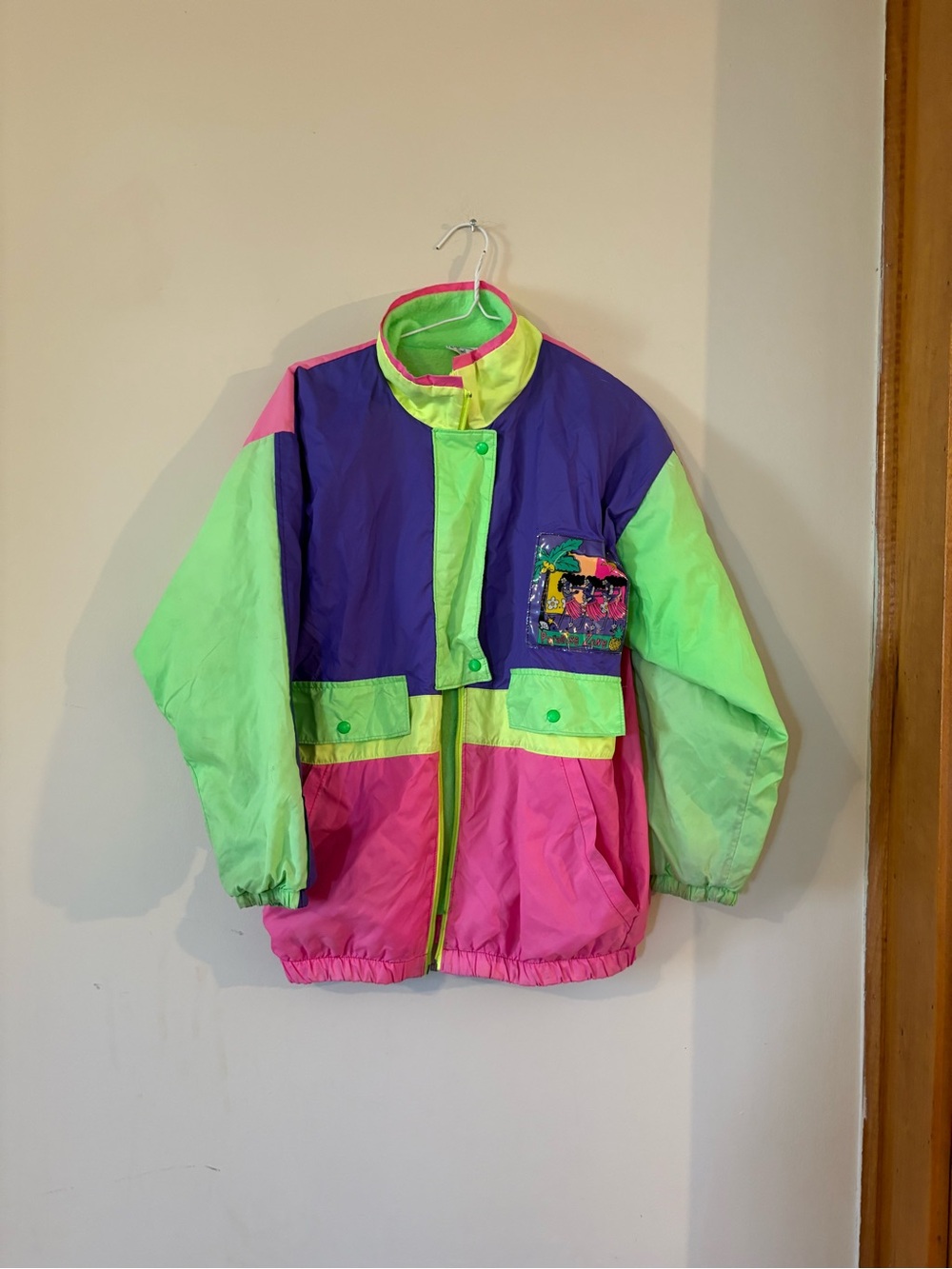 Vintage Kids Neon Colorblock Windbreaker Jacket Pink, Green & Purple Large (14)